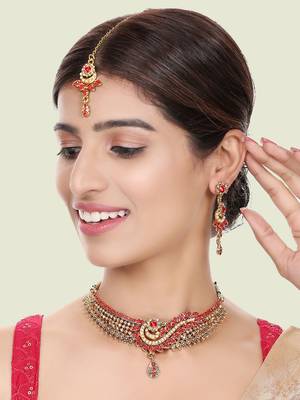 Red Cubic Zirconia Traditional Gold Plated Choker Set for Women and Girls 1