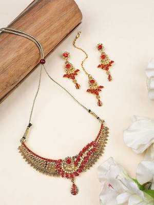 Red Cubic Zirconia Traditional Gold Plated Choker Set for Women and Girls 2