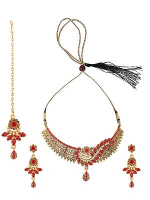 Red Cubic Zirconia Traditional Gold Plated Choker Set for Women and Girls 3