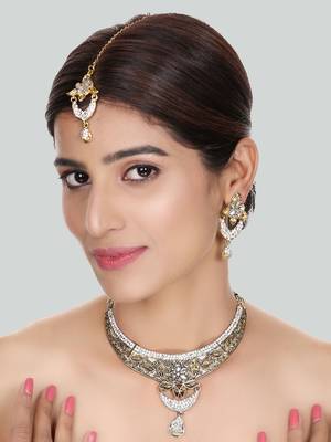 Designer Antique Polish Traditional Matte Finish Necklace with Earring Maangtika 1
