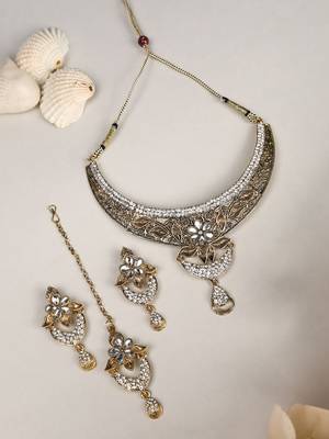 Designer Antique Polish Traditional Matte Finish Necklace with Earring Maangtika 2