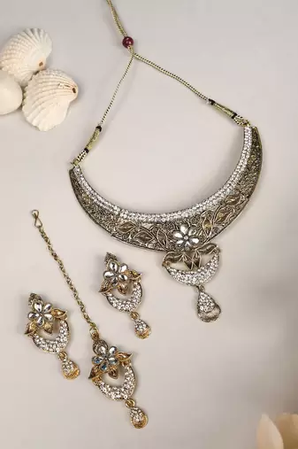Designer Antique Polish Traditional Matte Finish Necklace with Earring Maangtika