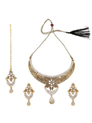 Designer Antique Polish Traditional Matte Finish Necklace with Earring Maangtika 3