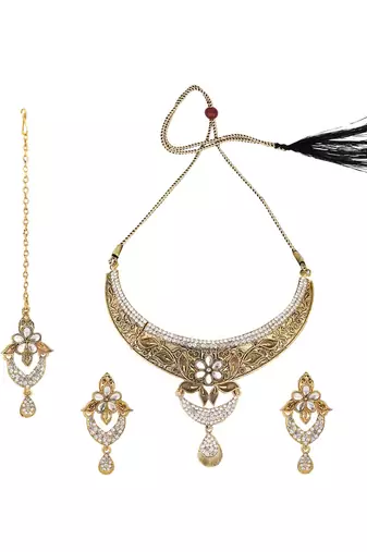 Designer Antique Polish Traditional Matte Finish Necklace with Earring Maangtika