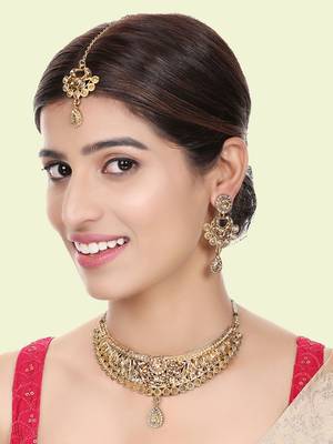 Designer Gold Plated Traditional Matte Finish Necklace with Earring Maangtika 1