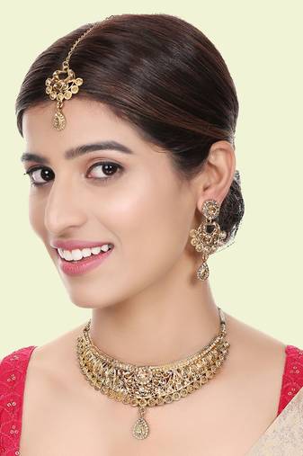 Designer Gold Plated Traditional Matte Finish Necklace with Earring Maangtika
