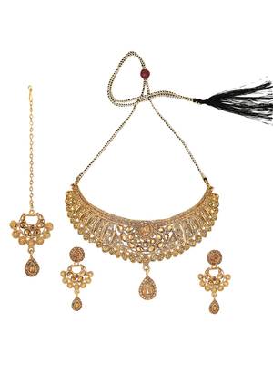 Designer Gold Plated Traditional Matte Finish Necklace with Earring Maangtika 3