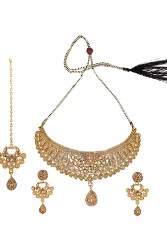 Designer Gold Plated Traditional Matte Finish Necklace with Earring Maangtika