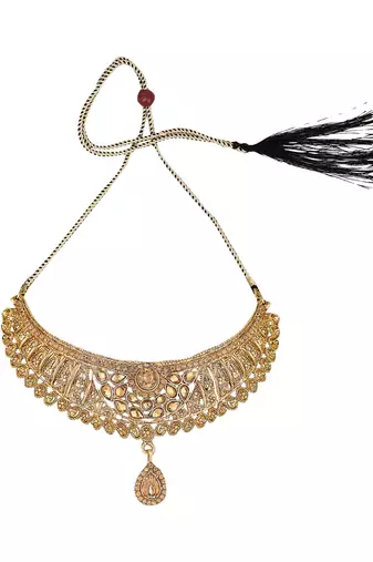 Designer Gold Plated Traditional Matte Finish Necklace with Earring Maangtika