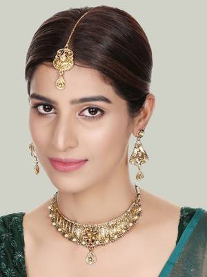 Designer Gold Plated Traditional Matte Finish Necklace with Earring Maangtika 1