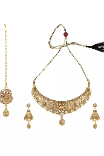 Designer Gold Plated Traditional Matte Finish Necklace with Earring Maangtika