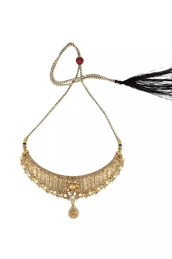 Designer Gold Plated Traditional Matte Finish Necklace with Earring Maangtika