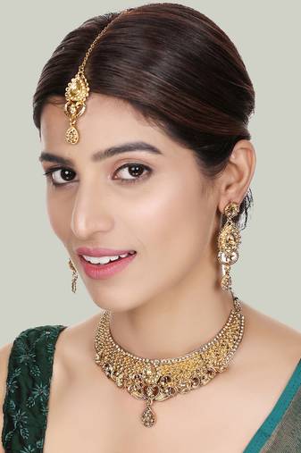 Designer Gold Plated Traditional Matte Finish Necklace with Earring Maangtika