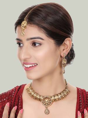 Designer Gold Plated Traditional Matte Finish Necklace with Earring Maangtika 1