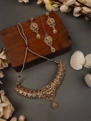 Designer Gold Plated Traditional Matte Finish Necklace with Earring Maangtika 2
