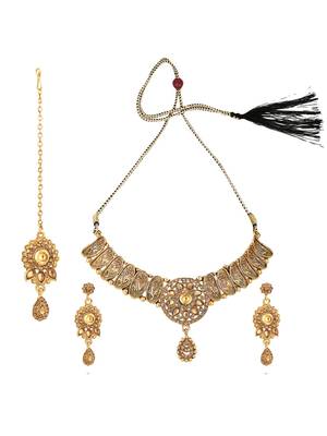 Designer Gold Plated Traditional Matte Finish Necklace with Earring Maangtika 3