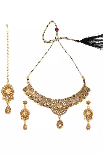 Designer Gold Plated Traditional Matte Finish Necklace with Earring Maangtika