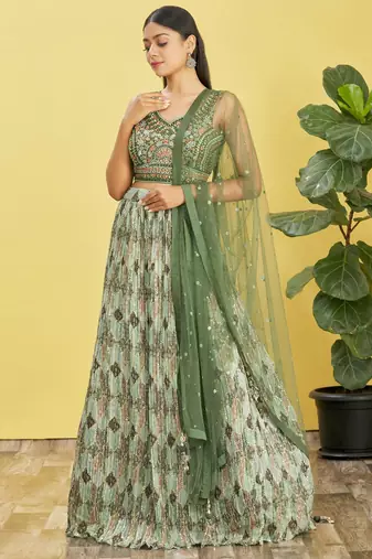 green mirror work and digital print organza party lehenga set choli with dupatta