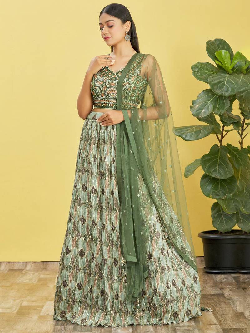 Stunning Green Mirror Work And Digital Print Organza Party Wear Lehenga Choli