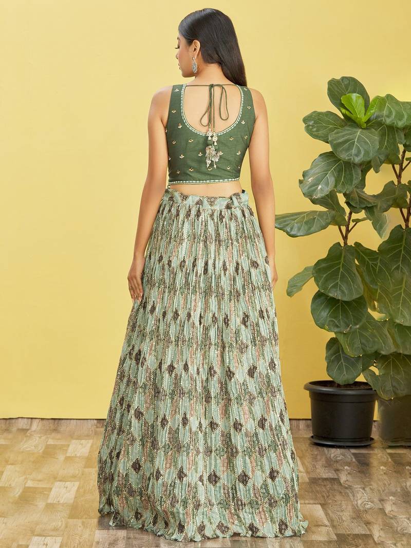 Stunning Green Mirror Work And Digital Print Organza Party Wear Lehenga Choli