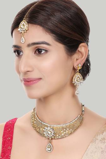 Traditional Gold Plated Copper Self Designed Floral Choker Set