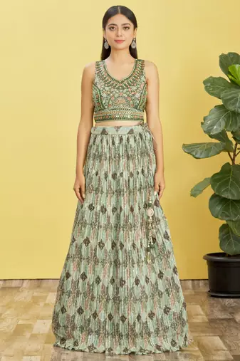 green mirror work and digital print organza party lehenga set choli with dupatta