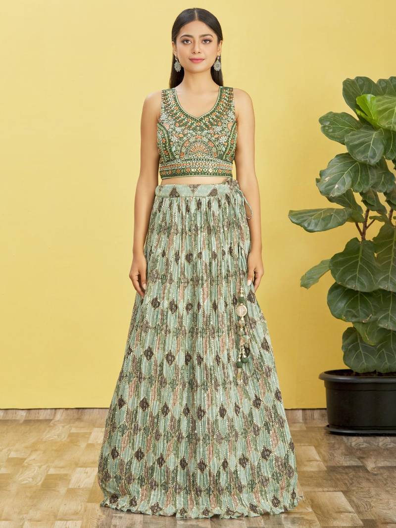 Stunning Green Mirror Work And Digital Print Organza Party Wear Lehenga Choli