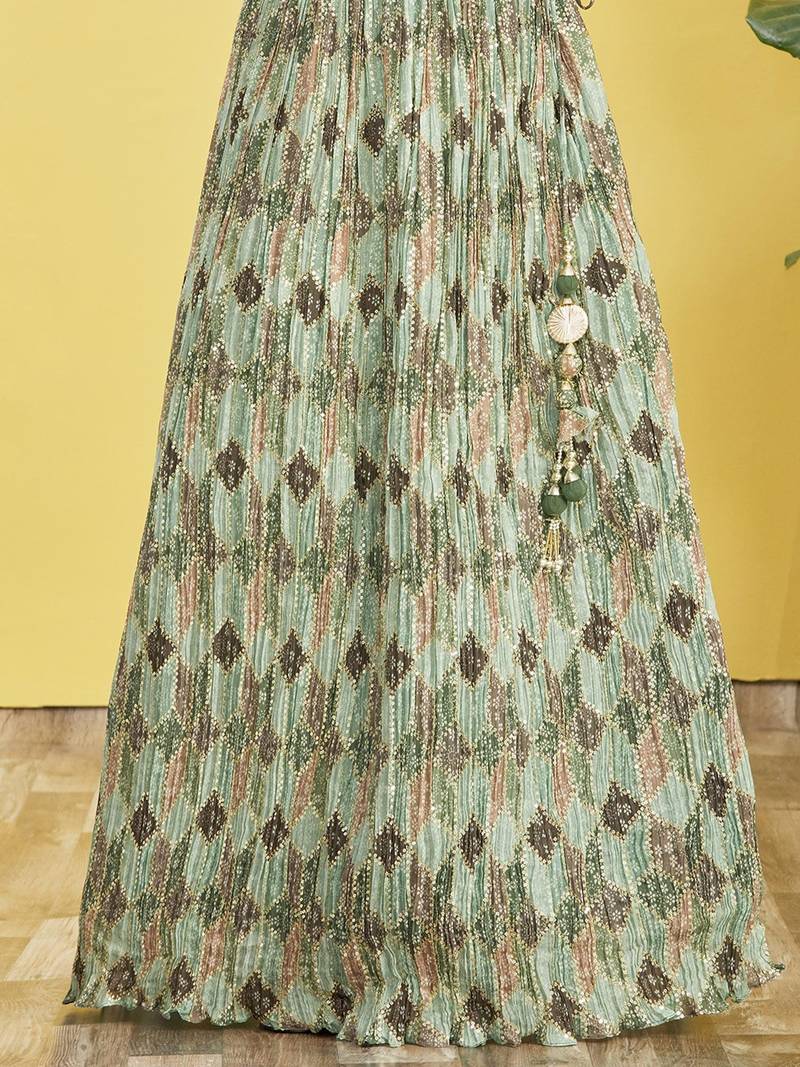 Stunning Green Mirror Work And Digital Print Organza Party Wear Lehenga Choli