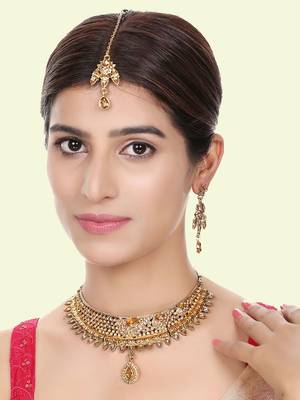 Designer Gold Plated Traditional Matte Finish Necklace with Earring Maangtika 1