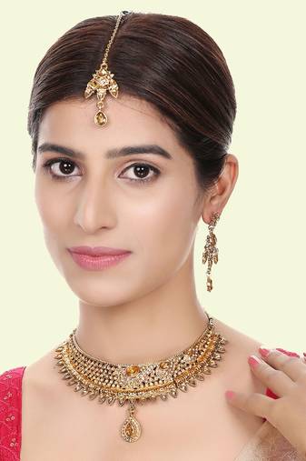 Designer Gold Plated Traditional Matte Finish Necklace with Earring Maangtika