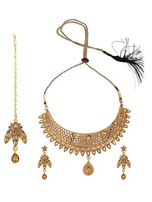 Designer Gold Plated Traditional Matte Finish Necklace with Earring Maangtika 3