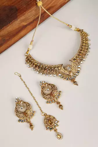Designer Gold Plated Traditional Matte Finish Necklace with Earring Maangtika