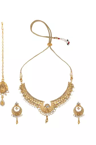 Designer Gold Plated Traditional Matte Finish Necklace with Earring Maangtika