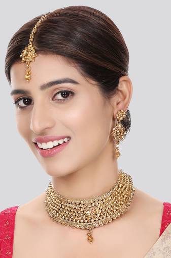 Designer Gold Plated Traditional Matte Finish Necklace with Earring Maangtika