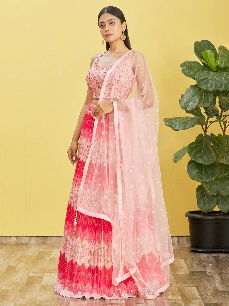 Stunning Pink Mirror Work And Digital Print Organza Party Wear Lehenga Choli