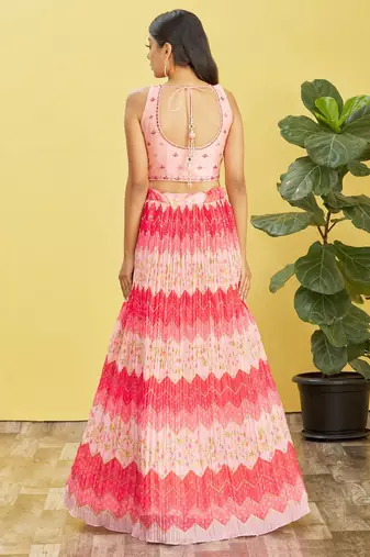 pink mirror work and digital print organza party lehenga set choli with dupatta