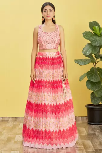 pink mirror work and digital print organza party lehenga set choli with dupatta