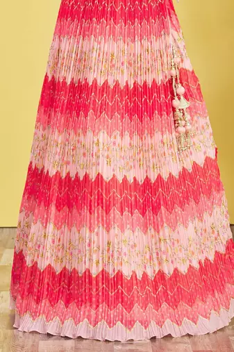 pink mirror work and digital print organza party lehenga set choli with dupatta