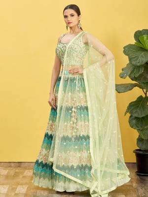 green mirror work and digital print organza party lehenga set choli with dupatta 1