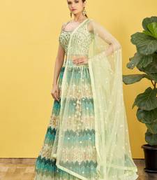 green mirror work and digital print organza party lehenga set choli with dupatta