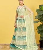 green mirror work and digital print organza party lehenga set choli with dupatta