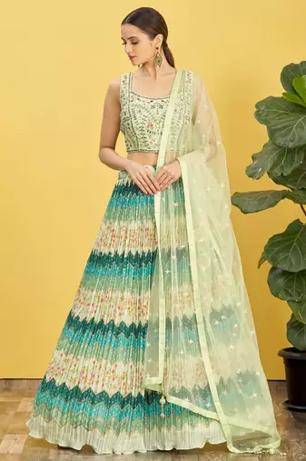 green mirror work and digital print organza party lehenga set choli with dupatta