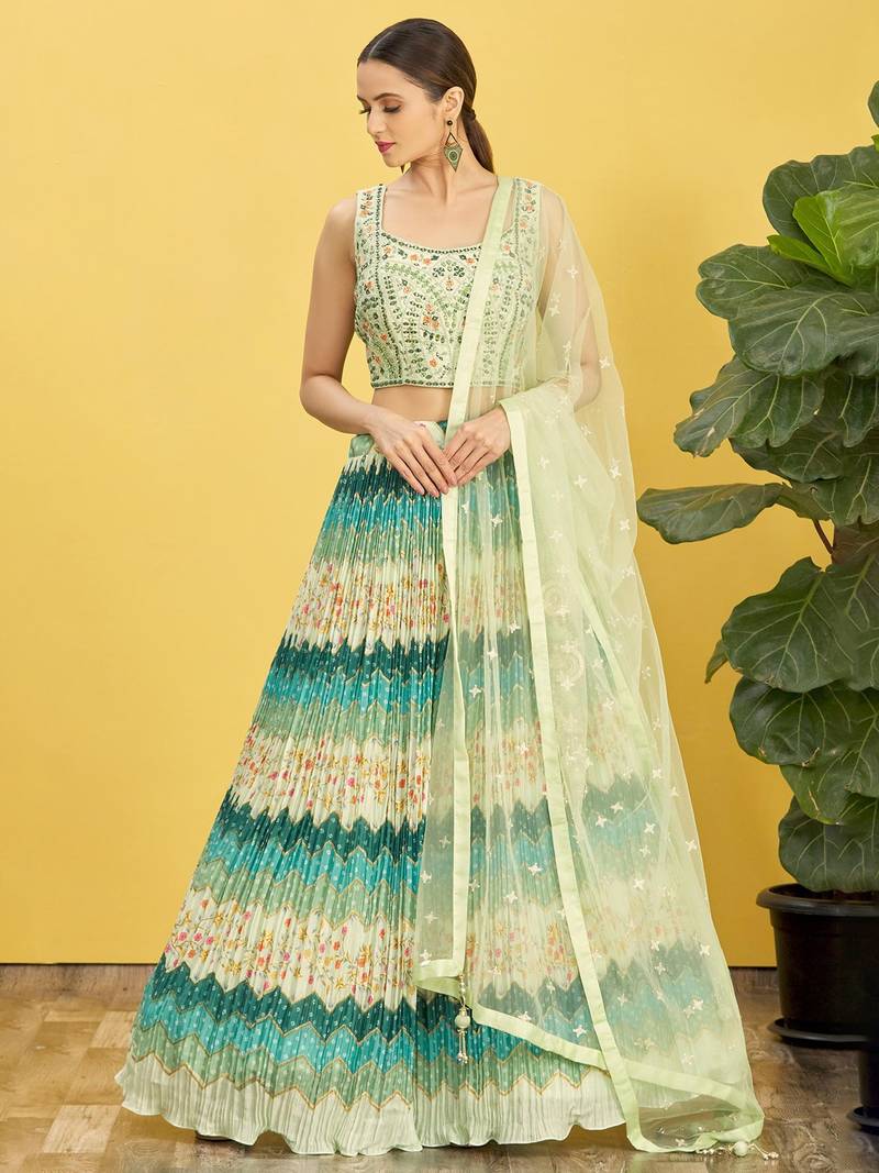 Stunning Green Mirror Work And Digital Print Organza Party Wear Lehenga Choli