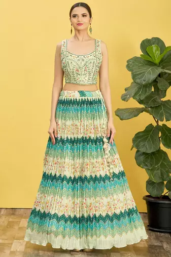 green mirror work and digital print organza party lehenga set choli with dupatta