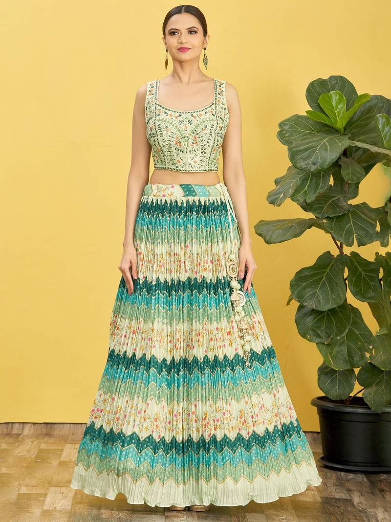 Stunning Green Mirror Work And Digital Print Organza Party Wear Lehenga Choli