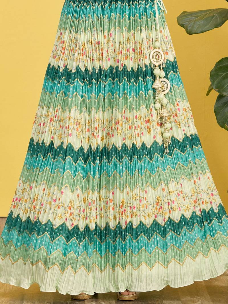 Stunning Green Mirror Work And Digital Print Organza Party Wear Lehenga Choli