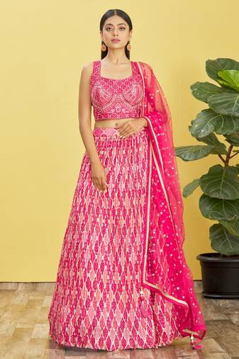 Stunning Pink Mirror Work And Digital Print Organza Party Wear Lehenga Choli