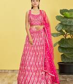 Stunning Pink Mirror Work And Digital Print Organza Party Wear Lehenga Choli