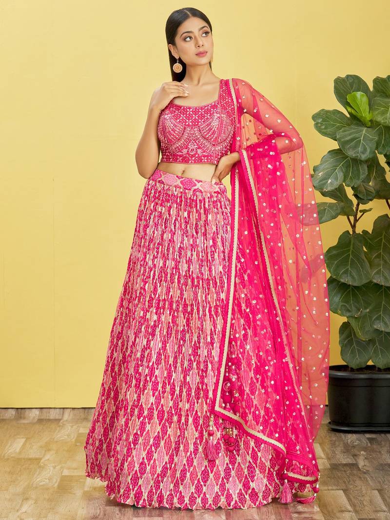 Stunning Pink Mirror Work And Digital Print Organza Party Wear Lehenga Choli