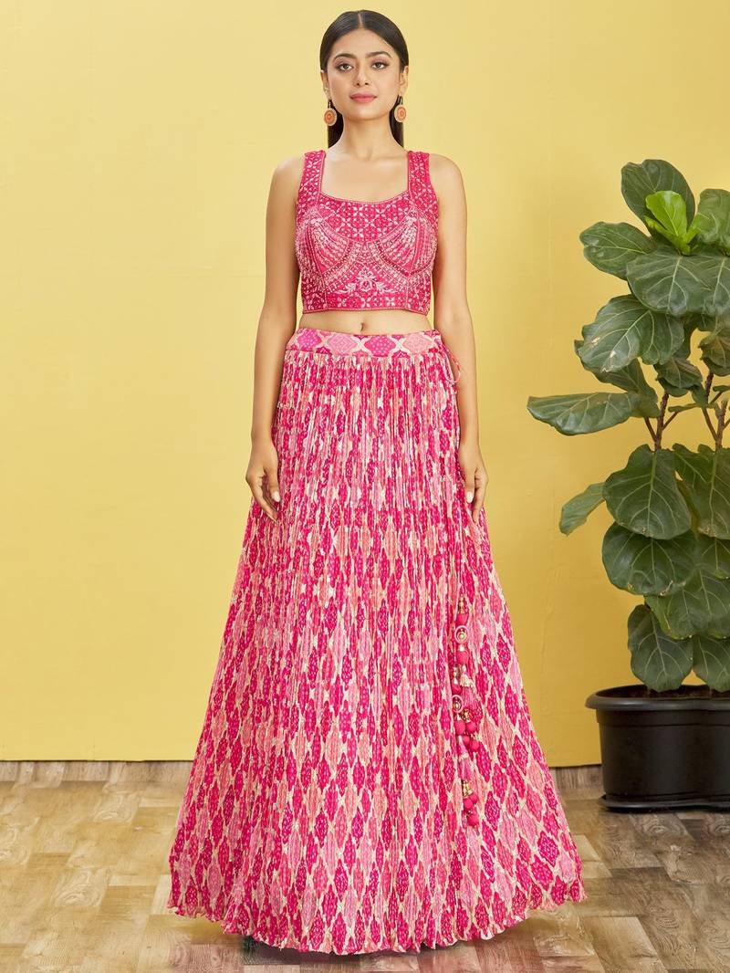 Stunning Pink Mirror Work And Digital Print Organza Party Wear Lehenga Choli